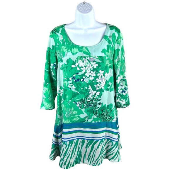 Collective Concepts Shift Dress Green Blue Mixed Print Tunic Mini Women's Medium - Picture 1 of 10